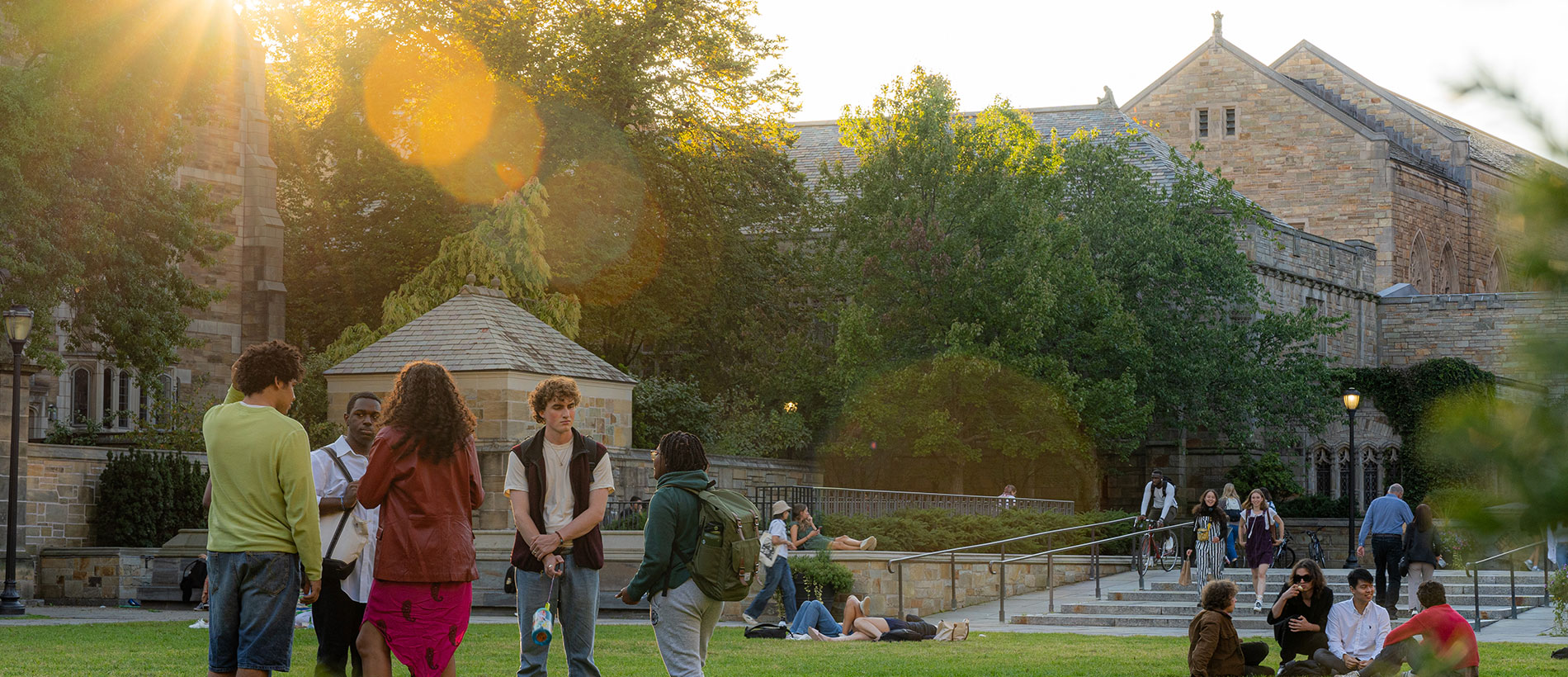 Students standing in a grassy courtyard during sunset