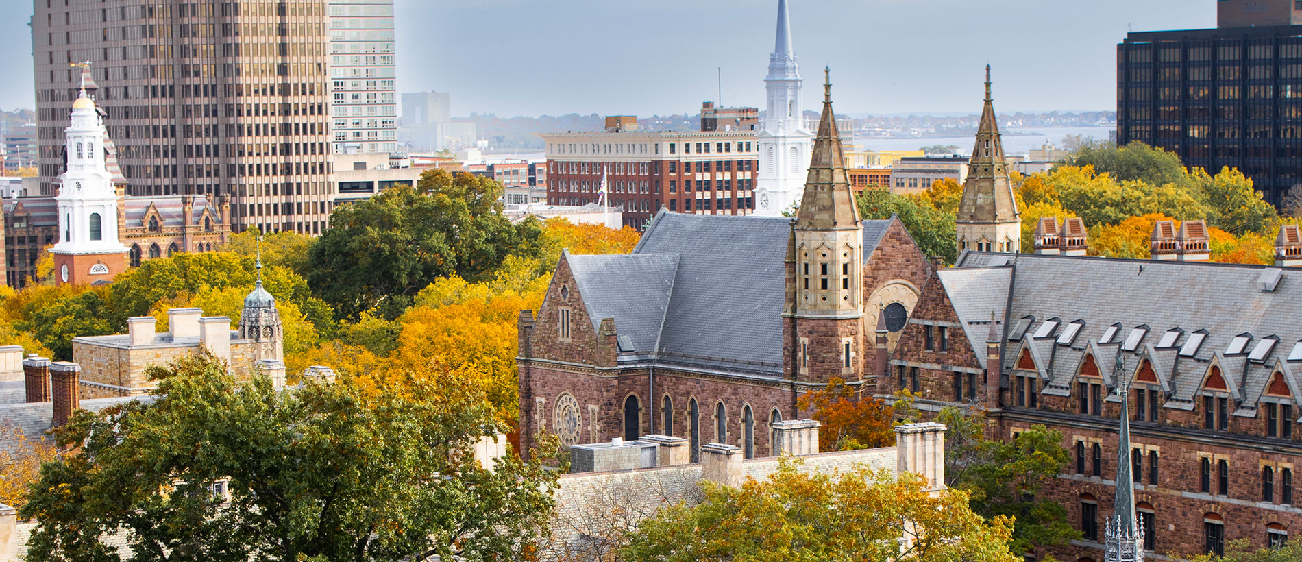 View of the yale buildings with city skyline behind them